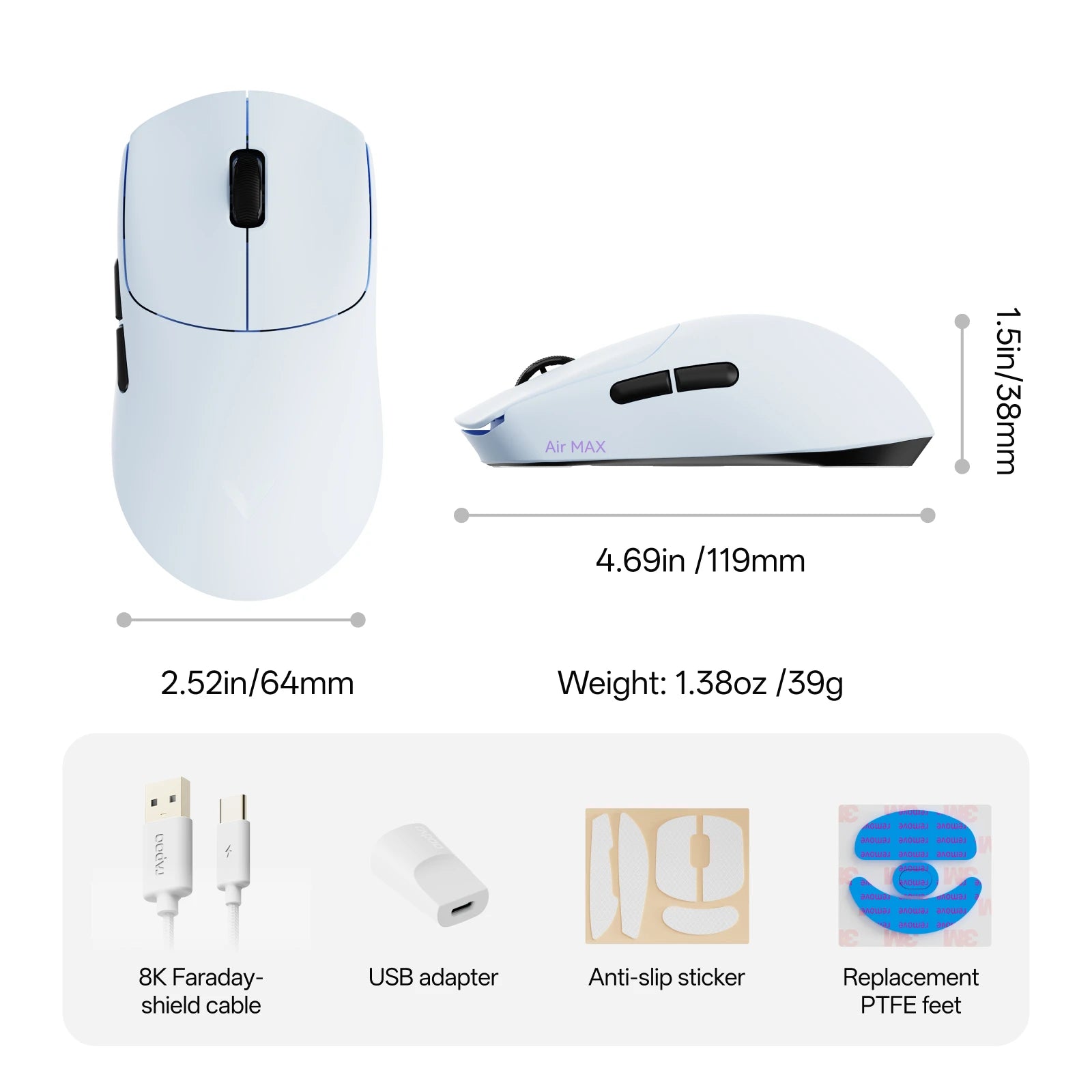 Rapoo VT0 Air MAX Wireless Gaming Mouse True 8K Wireless Polling Rate Esports Grade 39g Lightweight 30000DPI Optical Encoder