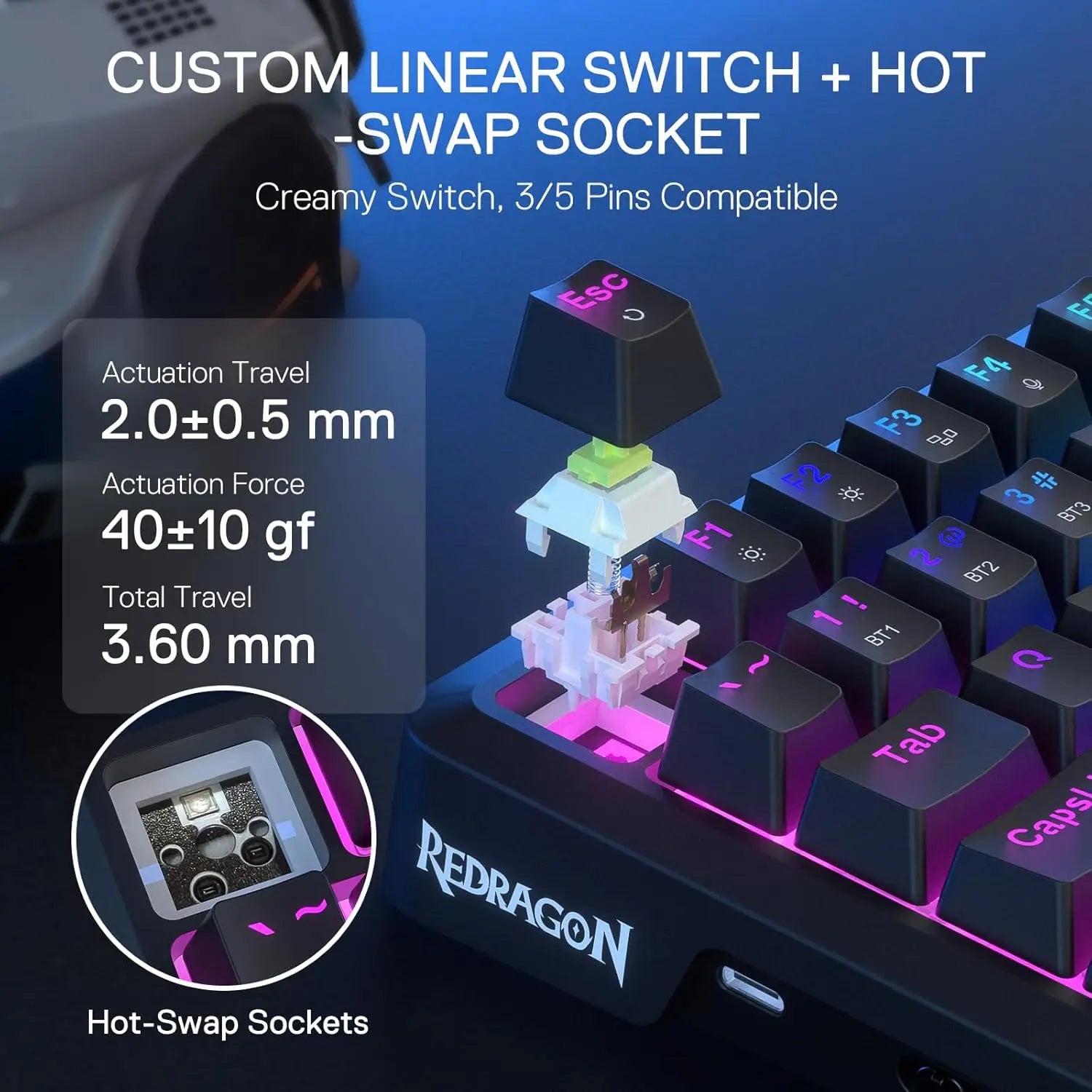Redragon K724 PRO Wireless Gasket Gaming Hype Screen & Knob, 81-Key Mechanical Keyboard,Easy-Control 1.14’’ TFT Info Display