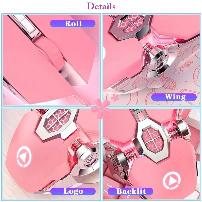 Pink Wired Gaming Mouse with Backlit Light Silent Click 3200DPI for Desktop Laptop PC - Office And Gamer Ergonomic Mice 5312