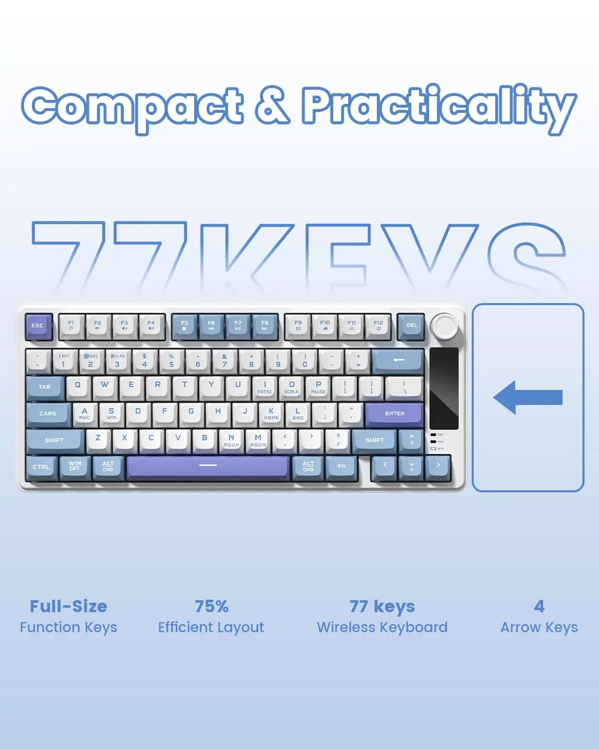 Womier DK75 75% Wireless Keyboard with Knob&Screen Tri-Mode 2.4G/USB/BT5.0 Anti-Ghosting No-Conflict Silent Membrane Keyboard