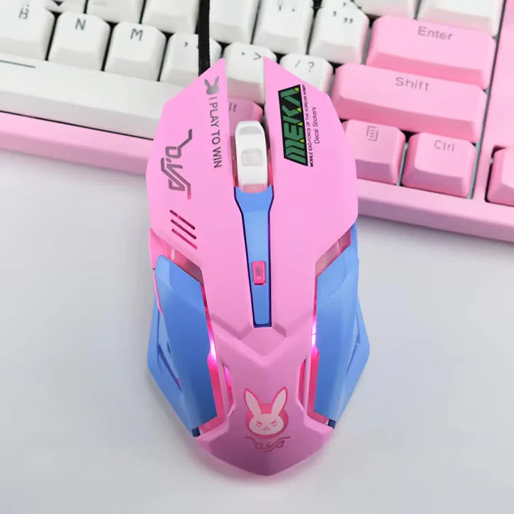 OW DVA Pink Game Office Mouse Girls Light-emitting Competition Chicken Cute Wired Mouse for PC Laptop CF Overwatch
