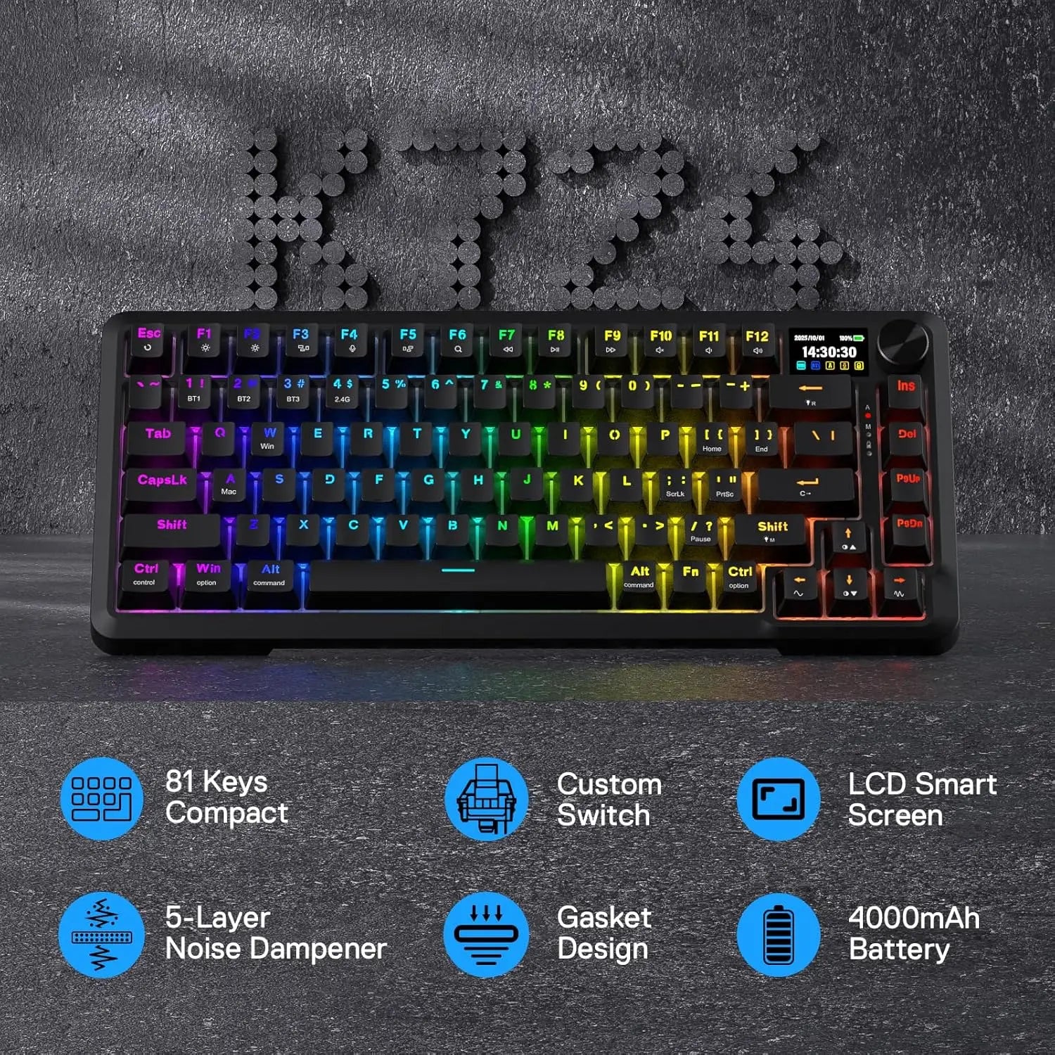 Redragon K724 PRO Wireless Gasket Gaming Hype Screen & Knob, 81-Key Mechanical Keyboard,Easy-Control 1.14’’ TFT Info Display