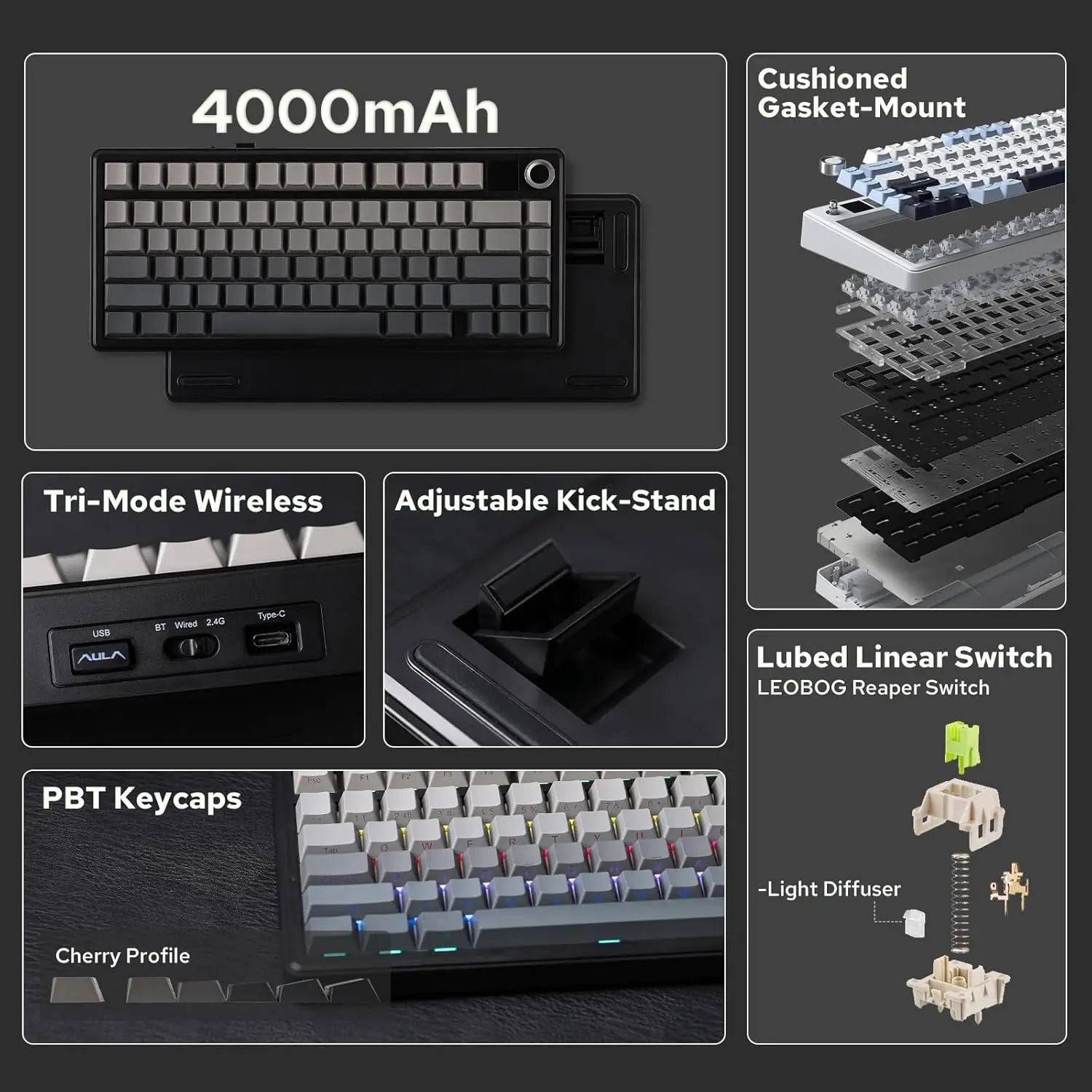 Aula F75 MAX Wireless Mechanical Keyboard With TFT Screen and Knob Gasket RGB Backlight Gaming Keyboard in 75% Layout Hot-Swap