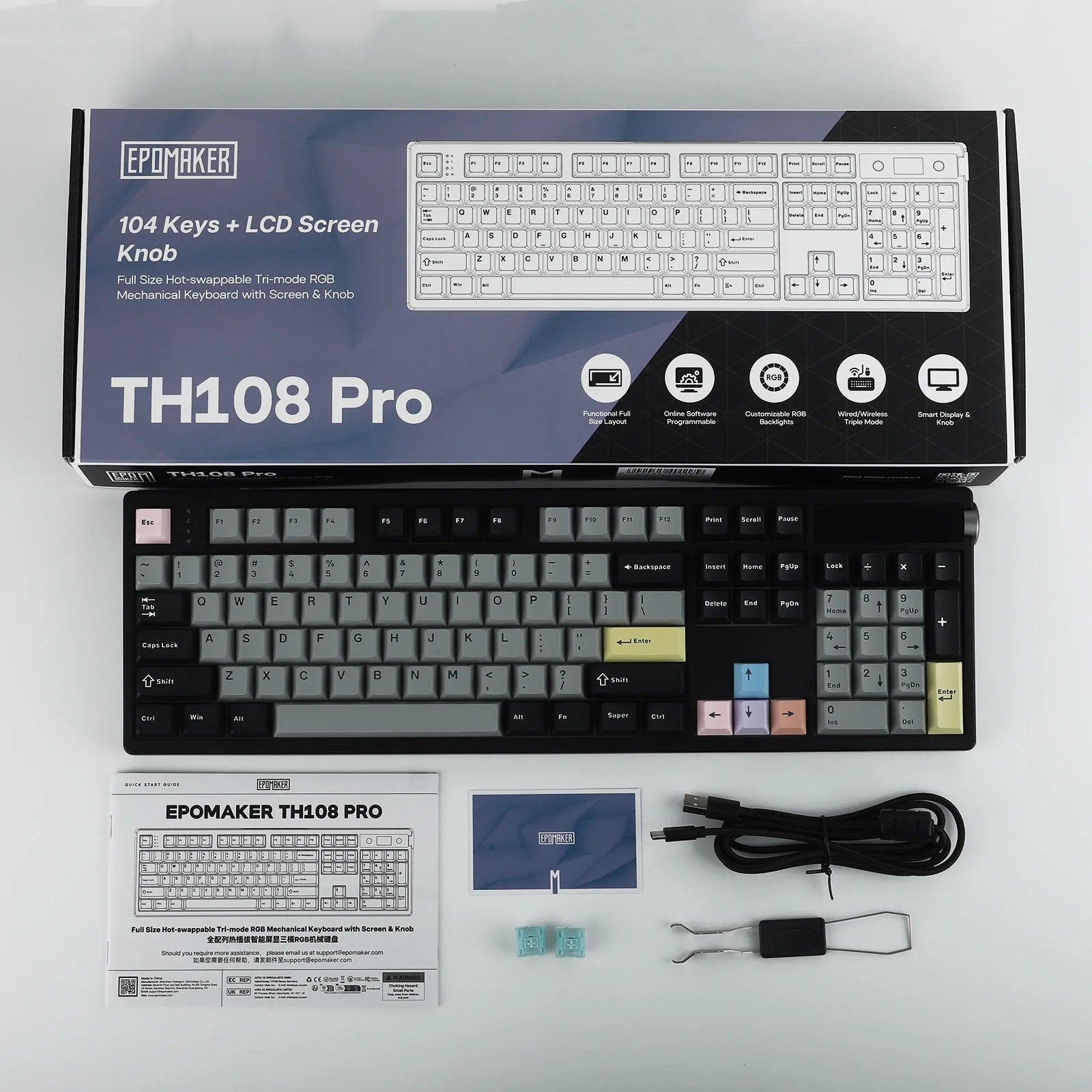 EPOMAKER TH108 PRO 100% Full-Sized Hot-Swap Wired/BT/2.4Ghz Wireless Mechanical Keyboard with Screen & Knob 10000mAh Battery