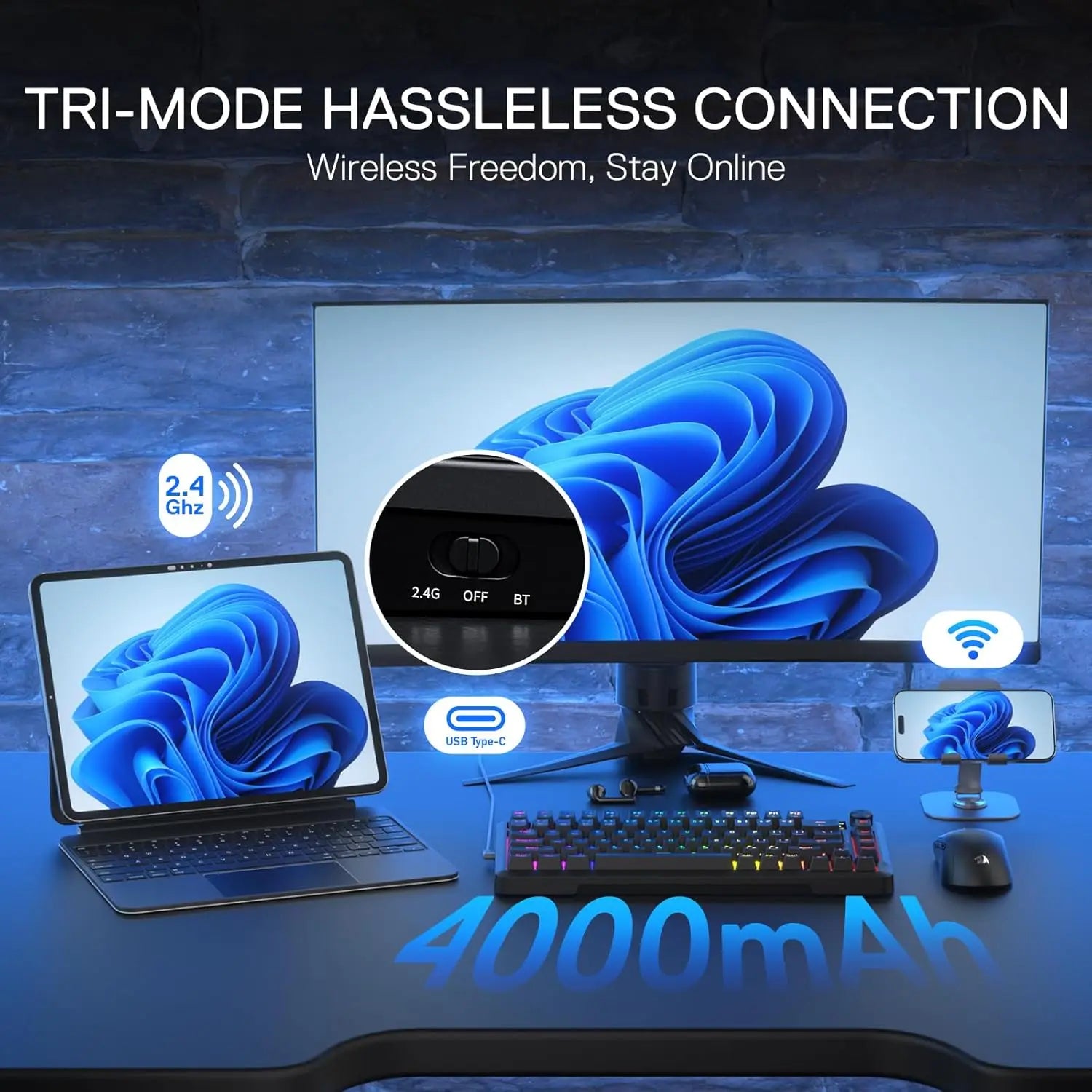 Redragon K724 PRO Wireless Gasket Gaming Hype Screen & Knob, 81-Key Mechanical Keyboard,Easy-Control 1.14’’ TFT Info Display