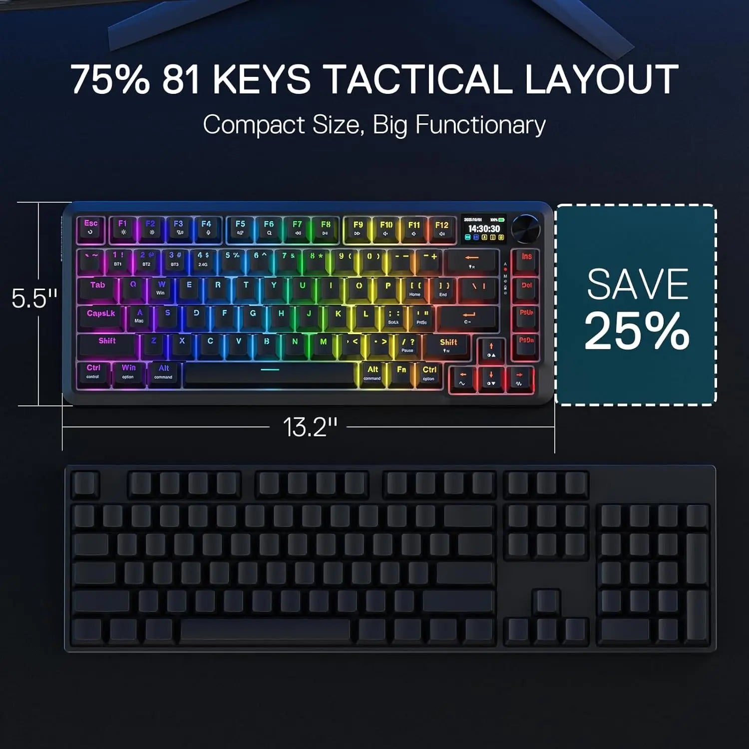 Redragon K724 PRO Wireless Gasket Gaming Hype Screen & Knob, 81-Key Mechanical Keyboard,Easy-Control 1.14’’ TFT Info Display
