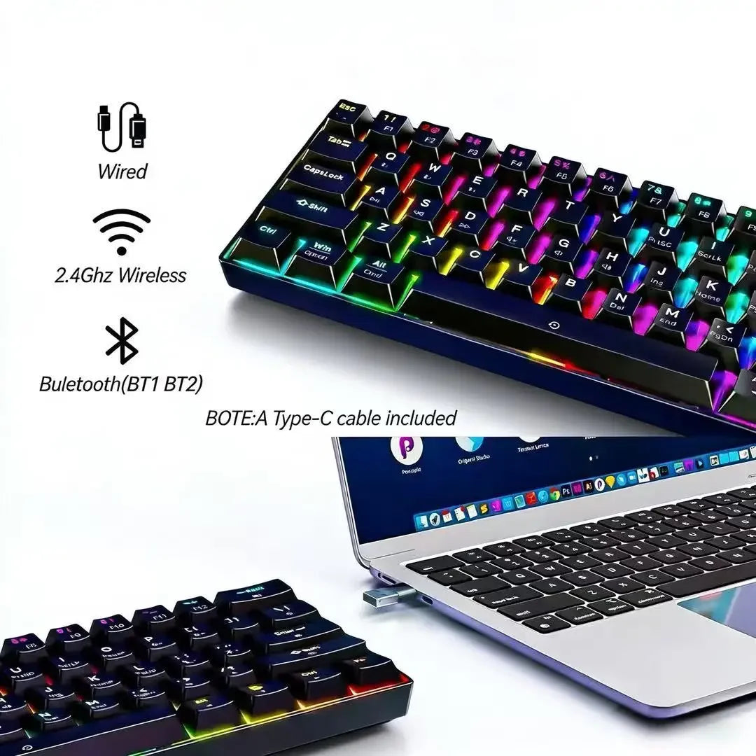 Tri-Mode Bluetooth Wireless Mechanical Keyboard 61 Keys RGB Backlit Gaming Keyboard Universal for Desktop Laptop PC Gamer