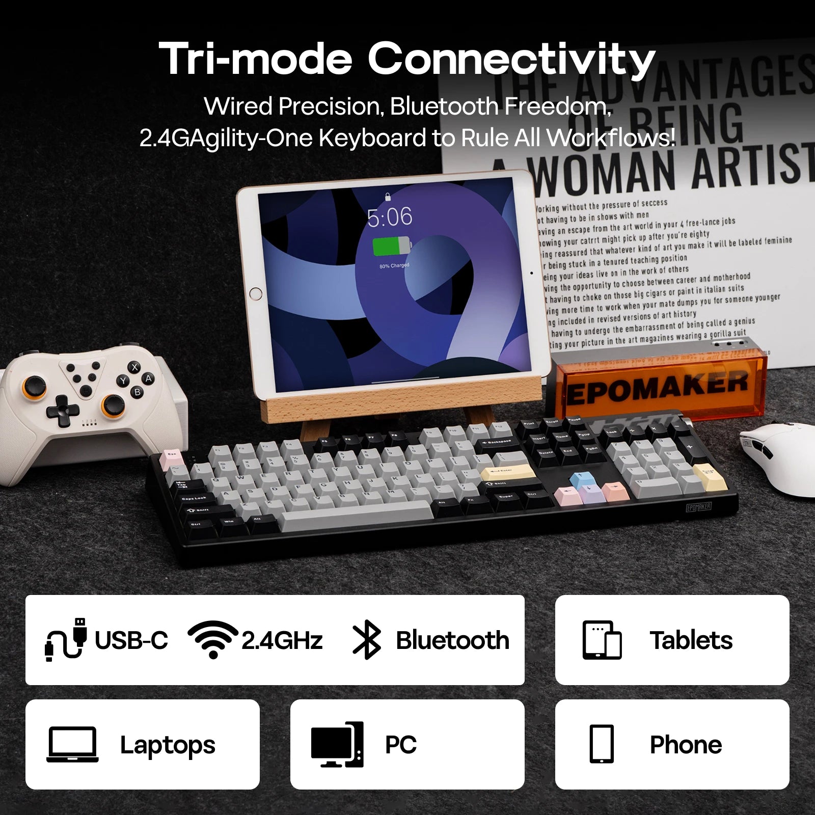 EPOMAKER TH108 PRO 100% Full-Sized Hot-Swap Wired/BT/2.4Ghz Wireless Mechanical Keyboard with Screen & Knob 10000mAh Battery