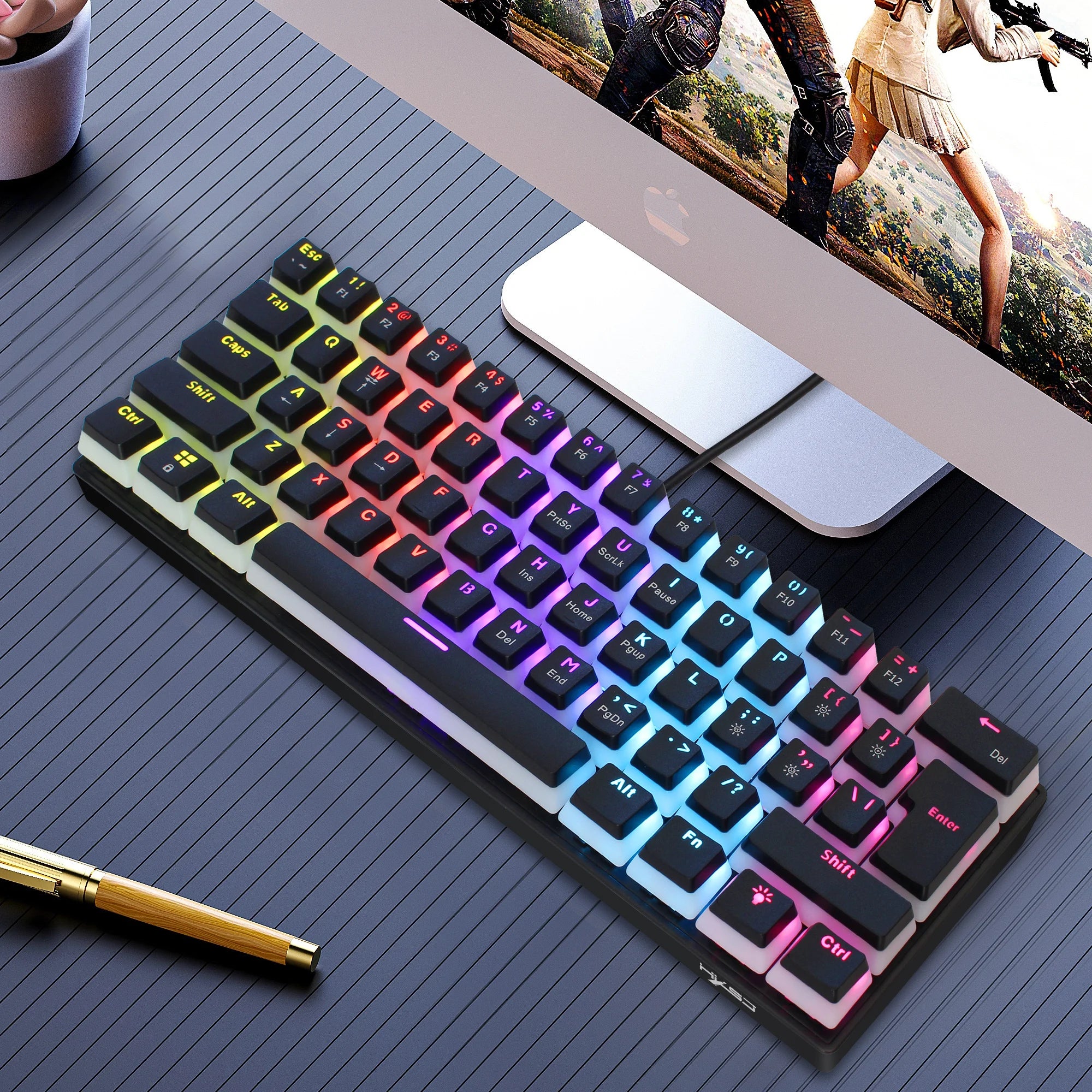61 Keys Wired Mechanical Keyboard Blue Switch Two-color Injection Pudding Key Cap RGB Backlight For Game Office Home