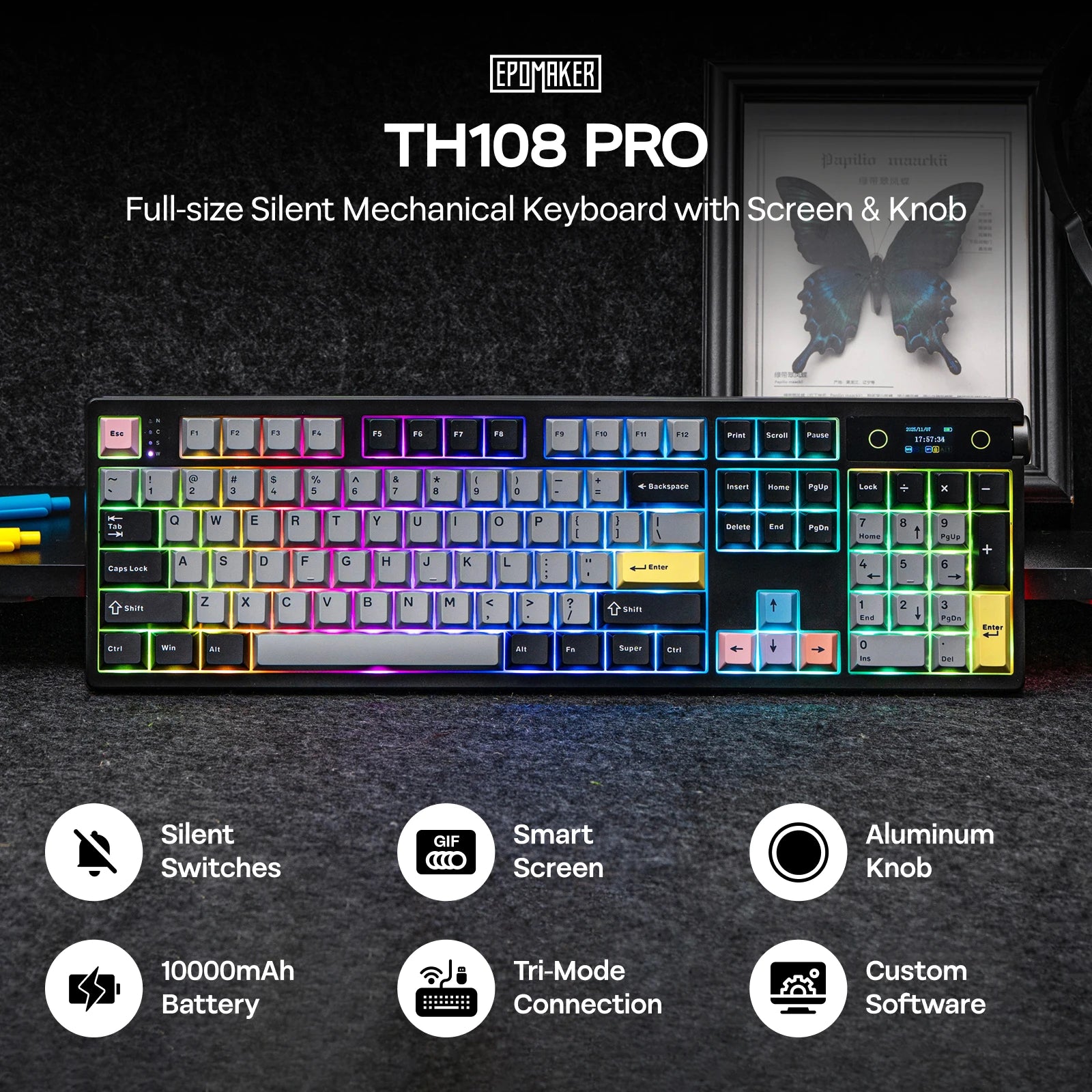 EPOMAKER TH108 PRO 100% Full-Sized Hot-Swap Wired/BT/2.4Ghz Wireless Mechanical Keyboard with Screen & Knob 10000mAh Battery