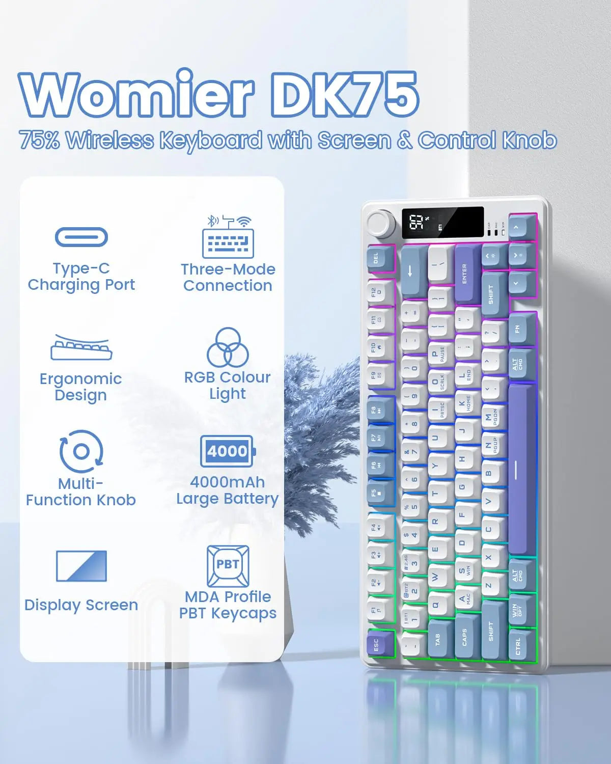 Womier DK75 75% Wireless Keyboard with Knob&Screen Tri-Mode 2.4G/USB/BT5.0 Anti-Ghosting No-Conflict Silent Membrane Keyboard