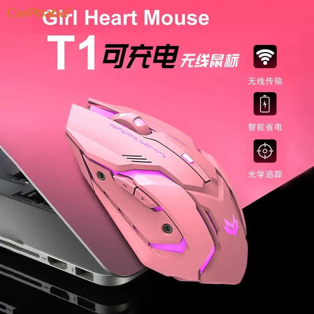 PT1T1 Gaming Pink Mouse Wireless 2.4G Mice Cute Mute Computer Mouse USB Backlight Rechargeable Wireless Mouse For PC IOS Laptop